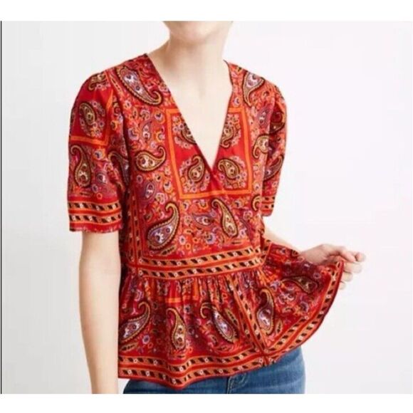 Madewell Crossover cotton blend Peplum Top In Fiesta Red Bandana Size S - Picture 1 of 7